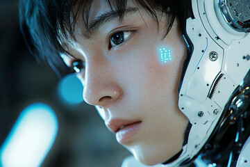 Poster - Closeup portrait of a young person with futuristic helmet and digital display face skin blue grey