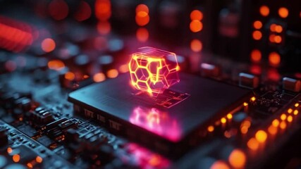 Fototapete - A striking depiction of quantum computing elements, showcasing a qubit in superposition and entanglement on a circuit board. The radiant lights convey the complexity of decoherence.