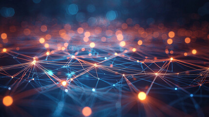 Poster - Abstract network connections digital technology orange blue glow web data mesh light lines nodes