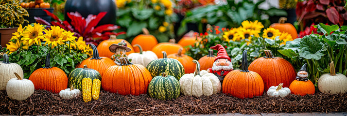 Poster - A vibrant arrangement of various pumpkins, sunflowers, and whimsical decorations creates a festive atmosphere in a fall garden setting