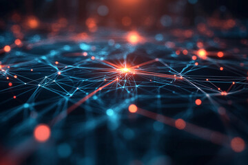 Poster - Abstract network digital connection technology background orange blue web data glow light lines nodes