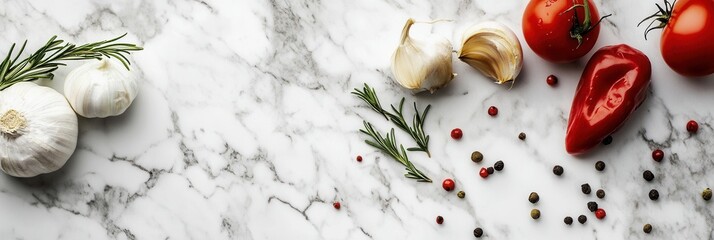 Leinwandbilder - Rustic culinary background featuring garlic, tomatoes, and herbs on marble with subtle stains perfect for food-related text overlays