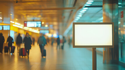 Poster - Crowds of travelers with suitcases move through a bustling airport terminal as early evening light illuminates the scene