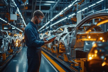 Poster - A worker in a blue jumpsuit examines components on a tablet while standing among partially assembled cars in a well-lit factory, highlighting industrial activity