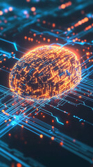 Fototapete - Glowing Brain-Shaped Chatbot Icon Illuminating Digital Circuits