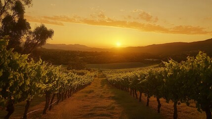 Fototapete - Lush vineyard at sunset with rows of green vines leading to a glowing orange sky over the horizon