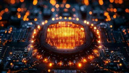 Fototapete - A detailed view of a quantum processor showcasing intricate circuitry, lively with glowing orange lights.
