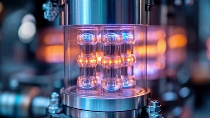 Poster - A quantum computing device displays glowing qubits in a chamber, illustrating principles like superposition and entanglement.
