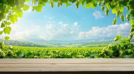 Poster - Lush green landscape with a wooden table, bright sunlight illuminating valleys and hills in the distance