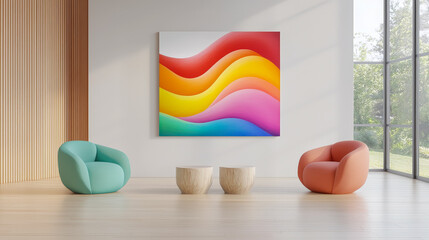 Poster - Modern interior featuring vibrant abstract artwork and colorful furniture against a large window view