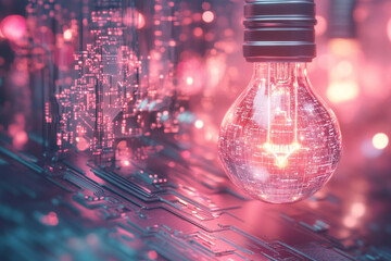 Poster - Glowing lightbulb innovation digital circuit board technology red idea data pink wire glass future