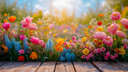 Poster - Colorful flowers blooming in a sunny garden during springtime with vibrant hues and soft sunlight illuminating the scene