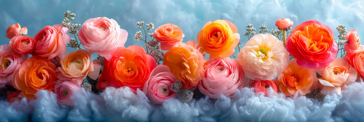 Poster - Vibrant arrangement of colorful ranunculus flowers against a soft blue background