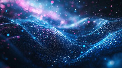 Poster - Abstract blue and pink glittering particle wave background shiny light space design energy motion