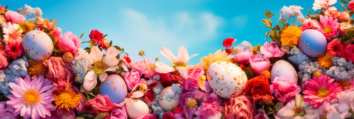Aufkleber - Colorful spring flower arrangement with decorated eggs under a bright blue sky