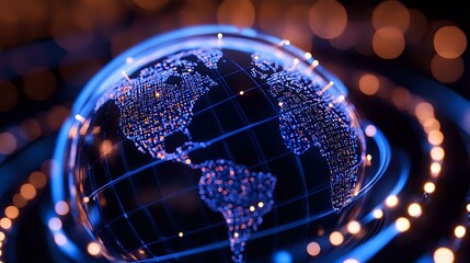 Poster - Digital world map glowing with blue light points and network connections on dark background with bokeh effect, representing global technology and connectivity.
