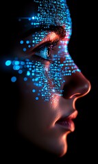 Poster - Female profile with glowing blue digital particles across face in dark setting, illuminated by neon lights creating futuristic cyberpunk aesthetic for technology concepts.