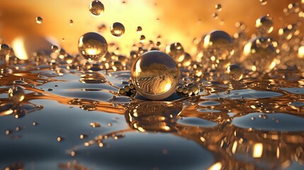 Poster - Mesmerizing water drops floating above reflective surface with golden sunset light creating magical atmosphere, macro photography showing surface tension and light refraction.