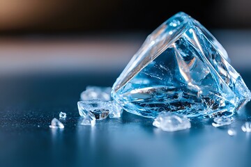 Poster - Sparkling ice crystals and fragments on dark blue surface with soft lighting create dramatic macro composition highlighting transparency and frozen texture.