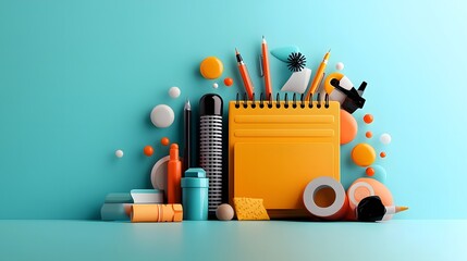 Poster - A collection of everyday stationery items such as pens rulers and scissors are depicted as levitating over a pale blue background showcasing an educational and learning focused concept in a crisp