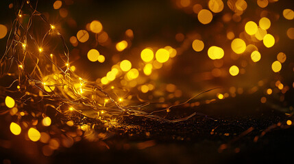 Golden fairy lights twinkling dark background festive warm yellow bokeh sparkle abstract blur shiny