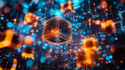 Poster - Abstract digital network orange blue cubes technology background 3d data glow lines bokeh bright