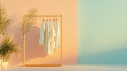 Poster - minimalist clothing display with pastel backgrounds and greenery in a modern setting during daylight