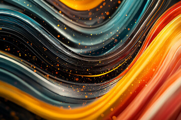 Poster - Abstract orange yellow teal swirling waves design background texture art dark fluid shiny light style