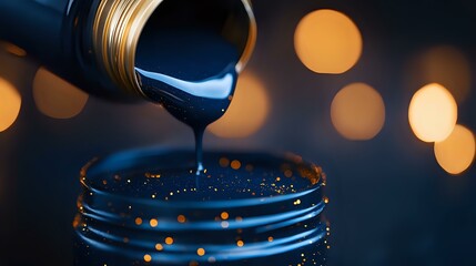 Poster - Mesmerizing dark liquid pouring from jar onto glass surface with golden bokeh lights in background, creating dramatic mood and reflective droplets.