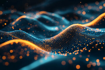 Poster - Abstract blue and orange particle wave digital background flow dark shiny bokeh light space design