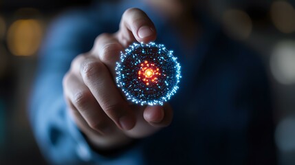 Poster - Glowing blue and red virus cell floating above hand in dark background, science visualization concept for medical research and healthcare technology advancement.