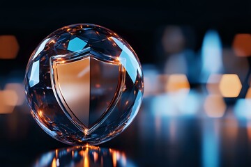 Poster - Crystal sphere with shield symbol reflecting blue and orange lights against dark background with bokeh effect, representing digital security and protection.