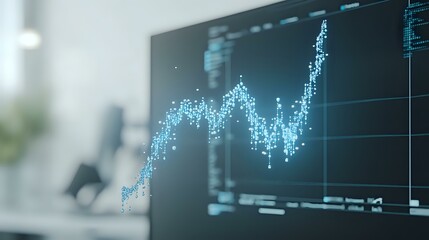 Poster - Glowing blue financial chart showing upward market trend on digital display screen in modern office environment with soft bokeh background effects.