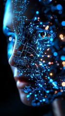 Poster - Futuristic face with glowing blue circuit patterns and digital elements merging with human features against dark background with bokeh light effects.