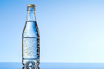 Poster - Cold glass bottle with sparkling mineral water and metal cap against blue background, refreshing drink with bubbles and condensation droplets.