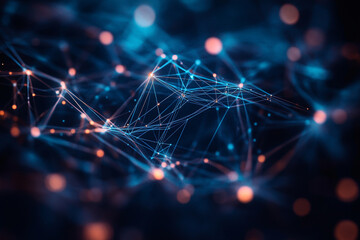 Poster - Abstract network digital connections blue orange technology background web data dots dark mesh light
