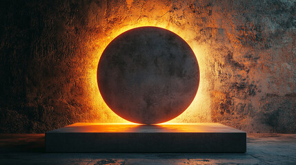 Poster - Abstract dark concrete background with glowing orange circle minimalist design modern studio backdrop