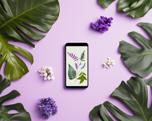 Aufkleber - Digital Botanical Visualization Minimalist Smartphone Interface Showcasing Eco-Design Trends with Monstera Leaves and Lavender Palette - Innovative Green Tech Aesthetic