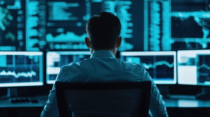 Poster - a person monitors multiple screens displaying data and analytics in a darkened environment, emphasiz