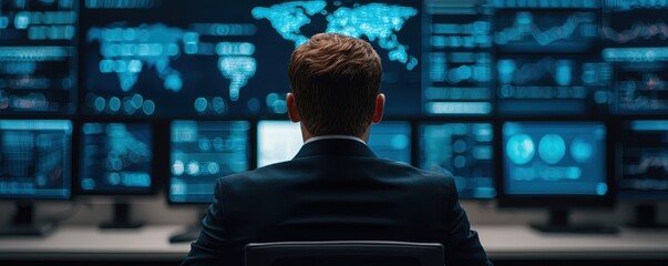 Poster - a person in a suit observes multiple screens displaying data and maps, suggesting a high-tech enviro