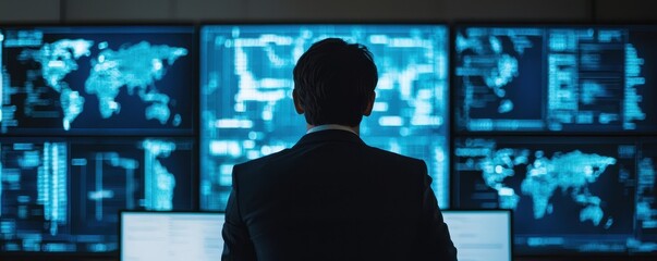 Poster - a person in a suit observes multiple screens displaying data and world maps, suggesting a high-tech 