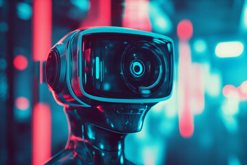Poster - Futuristic robot head with neon lights cyberpunk style digital art red lens blue glow dark night