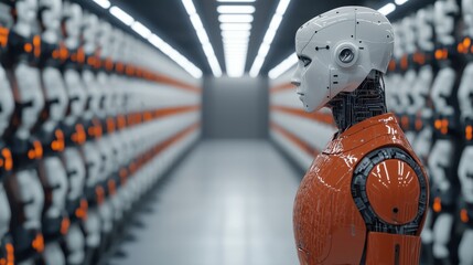Poster - A futuristic humanoid robot stands in a dimly lit corridor lined with identical robotic figures, highlighting advanced technology and design.