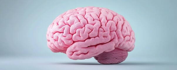 Poster - A detailed illustration of a pink human brain against a soft blue background, highlighting its intricate structure and form.