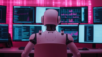 Poster - A robot sits in front of multiple screens displaying data and graphics, illuminated by vibrant pink lighting, suggesting a tech-driven environment.