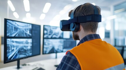 Poster - a person wearing a vr headset interacts with multiple monitors displaying digital graphics in a mode