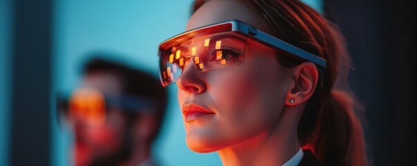 Poster - A focused individual wearing smart glasses, illuminated by vibrant lighting, embodies innovation and technology in a modern setting.