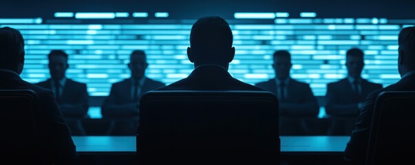 Poster - A dimly lit conference room with silhouettes of people in suits, facing a glowing screen filled with digital patterns.