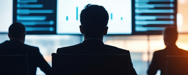 Poster - A group of business professionals in suits observing data visualizations on large screens in a dimly lit conference room.