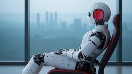 Poster - A futuristic robot sits in a chair, gazing out at a city skyline through a large window.